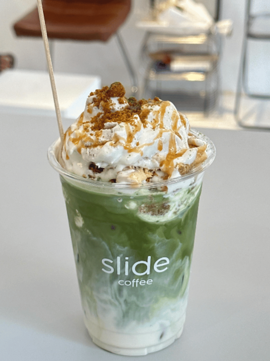 banana matcha pudding latte from slide coffee